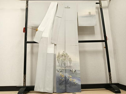 平和屋着物●ユネスコ世界遺産表現作家 白川丈山　訪問着　作家物　手描き　遠山風景草花文　正絹　逸品　AABG9561ph