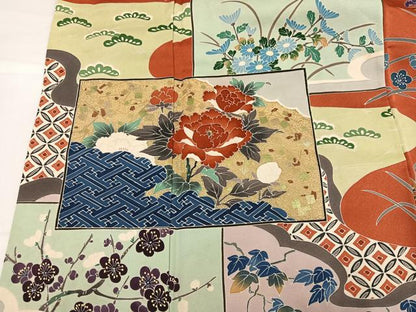 平和屋着物●豪華振袖　友禅　色紙草花文　金彩　正絹　逸品　AABG9563ph