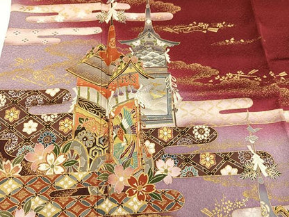 平和屋着物●豪華振袖　駒刺繍　山車花文　暈し染め　金彩　正絹　逸品　AABG9566ph