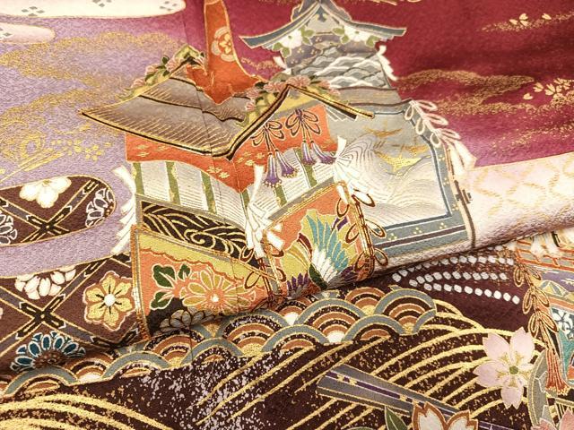 平和屋着物●豪華振袖　駒刺繍　山車花文　暈し染め　金彩　正絹　逸品　AABG9566ph