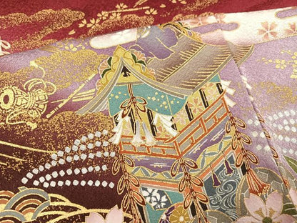 平和屋着物●豪華振袖　駒刺繍　山車花文　暈し染め　金彩　正絹　逸品　AABG9566ph