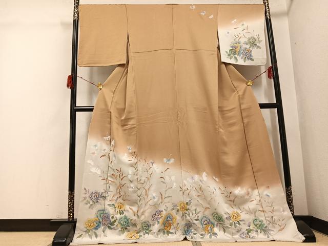 平和屋着物●訪問着　作家物　岩男伸宗　手描き　草花文　暈し染め　ロング丈　正絹　逸品　AABG9570ph