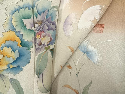 平和屋着物●訪問着　作家物　岩男伸宗　手描き　草花文　暈し染め　ロング丈　正絹　逸品　AABG9570ph