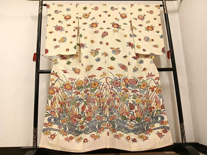平和屋着物●訪問着　紅型　流水草花文　鬼しぼ縮緬　正絹　逸品　AABG9571ph