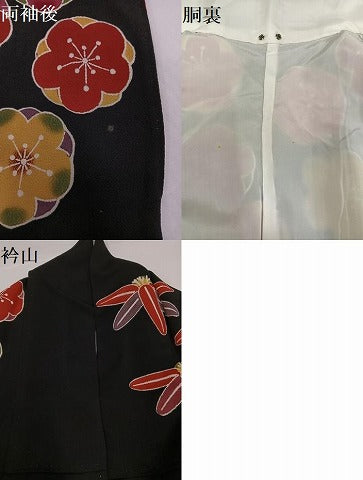平和屋着物●豪華振袖　紅型　梅笹文　黒地　鬼しぼ縮緬　正絹　逸品　AABG9572ph