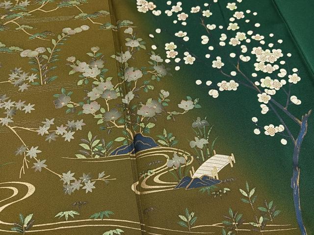 平和屋着物●訪問着　手描き　渡り橋流水枝花文　暈し染め　金彩　正絹　逸品　AABG9578ph