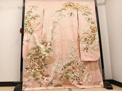 平和屋着物●豪華振袖　駒刺繍　草花文　金彩　正絹　逸品　AABG9581ph