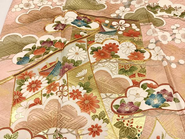 平和屋着物●豪華振袖　駒刺繍　草花文　金彩　正絹　逸品　AABG9581ph