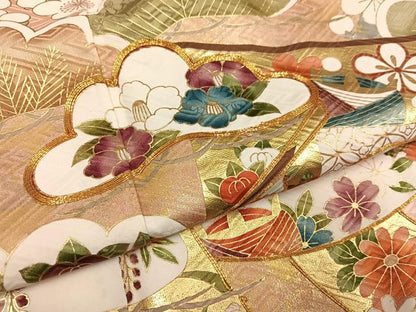 平和屋着物●豪華振袖　駒刺繍　草花文　金彩　正絹　逸品　AABG9581ph