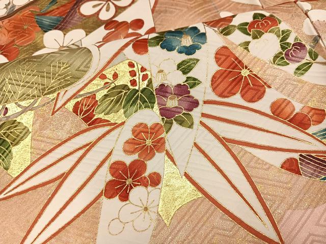 平和屋着物●豪華振袖　駒刺繍　草花文　金彩　正絹　逸品　AABG9581ph
