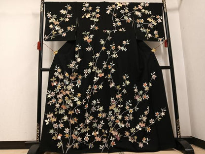 平和屋着物●訪問着　桐　橘　黒地　金彩　正絹　逸品　AABG9582ph