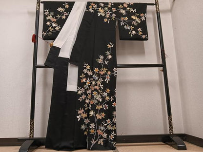 平和屋着物●訪問着　桐　橘　黒地　金彩　正絹　逸品　AABG9582ph