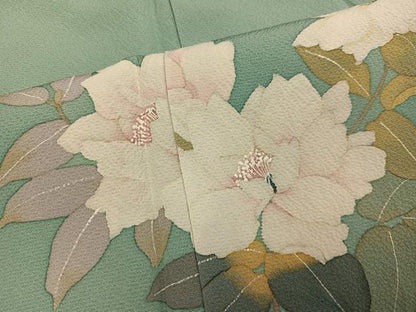 平和屋着物●清次郎　手描き　色無地　枝花文　山葵色　正絹　逸品　AABG9587ph