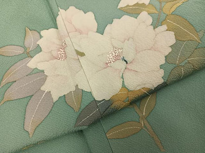 平和屋着物●清次郎　手描き　色無地　枝花文　山葵色　正絹　逸品　AABG9587ph