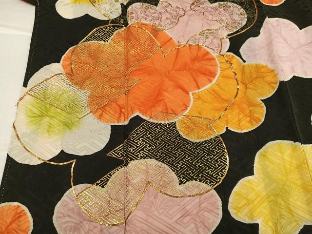 平和屋着物●訪問着　駒刺繍　梅　黒地　金彩　三越扱い　正絹　逸品　AABG9590ph