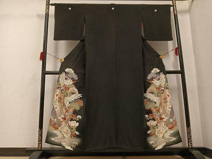 平和屋着物●アンティーク　大正ロマン　黒留袖　飛鶴草花文宝船　正絹　逸品　AABG9594ph