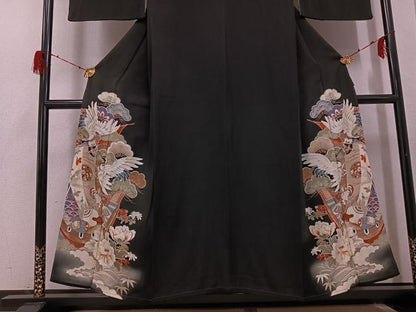 平和屋着物●アンティーク　大正ロマン　黒留袖　飛鶴草花文宝船　正絹　逸品　AABG9594ph