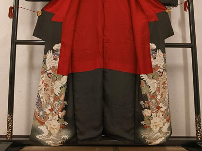 平和屋着物●アンティーク　大正ロマン　黒留袖　飛鶴草花文宝船　正絹　逸品　AABG9594ph