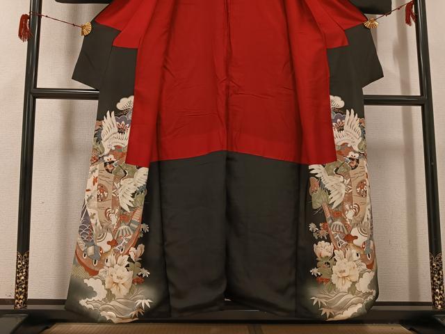 平和屋着物●アンティーク　大正ロマン　黒留袖　飛鶴草花文宝船　正絹　逸品　AABG9594ph