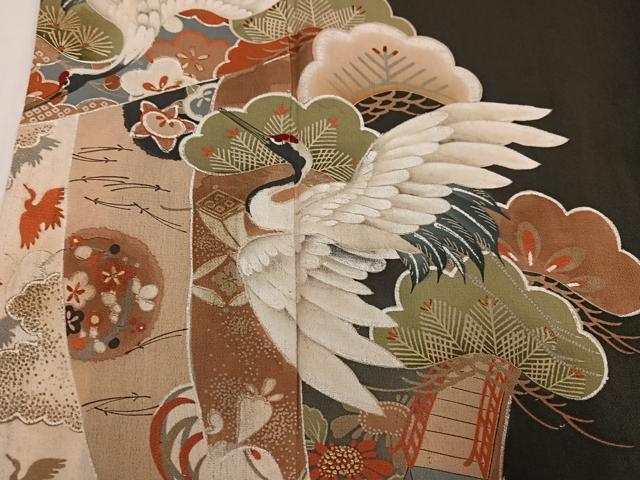 平和屋着物●アンティーク　大正ロマン　黒留袖　飛鶴草花文宝船　正絹　逸品　AABG9594ph