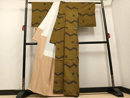 平和屋着物●上質な小紋　紬地　幾何学文様　正絹　逸品　AABG9598ph