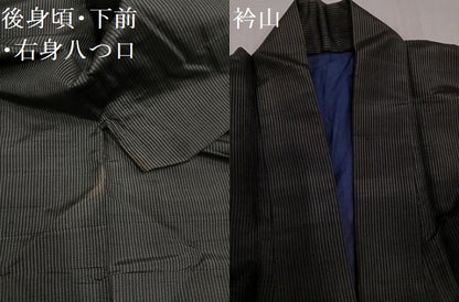 平和屋着物●男性　紬　縞　黒地　正絹　逸品　AABG9599ph