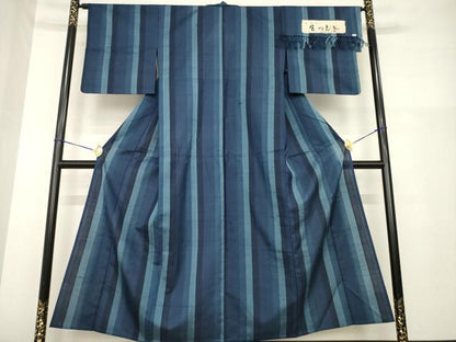 平和屋着物▽奥能登 生紬 単衣 縞 証紙付き 正絹 逸品 AABG9614ck