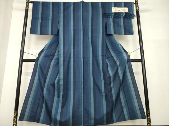 平和屋着物▽奥能登 生紬 単衣 縞 証紙付き 正絹 逸品 AABG9614ck