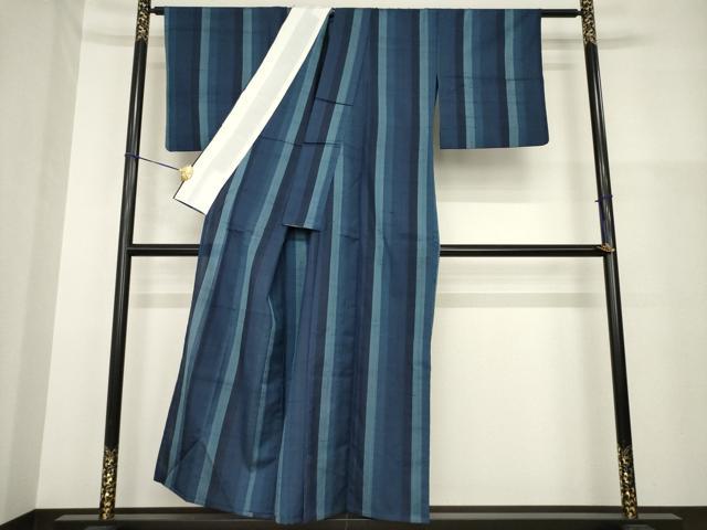 平和屋着物▽奥能登 生紬 単衣 縞 証紙付き 正絹 逸品 AABG9614ck