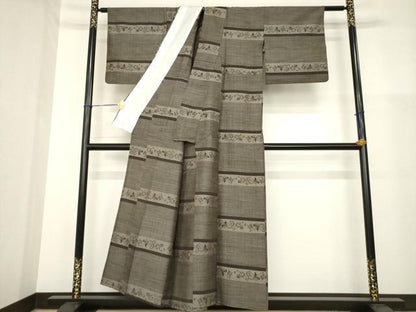 平和屋着物▽上質な紬 単衣 横段花唐草文 正絹 逸品 AABG9615ck