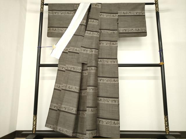 平和屋着物▽上質な紬 単衣 横段花唐草文 正絹 逸品 AABG9615ck