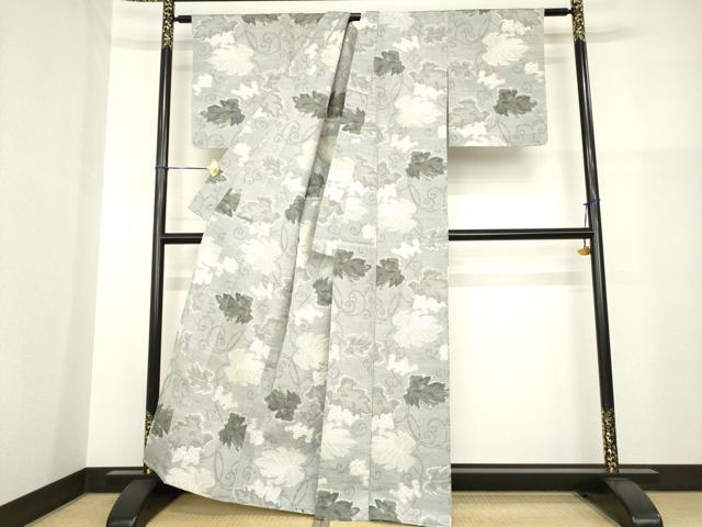 平和屋着物▽上質な紬 単衣 葡萄唐草文 正絹 逸品 AABG9616ck