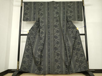 平和屋着物▽本場大島紬 単衣 花唐草間道 黒地 正絹 逸品 AABG9617ck