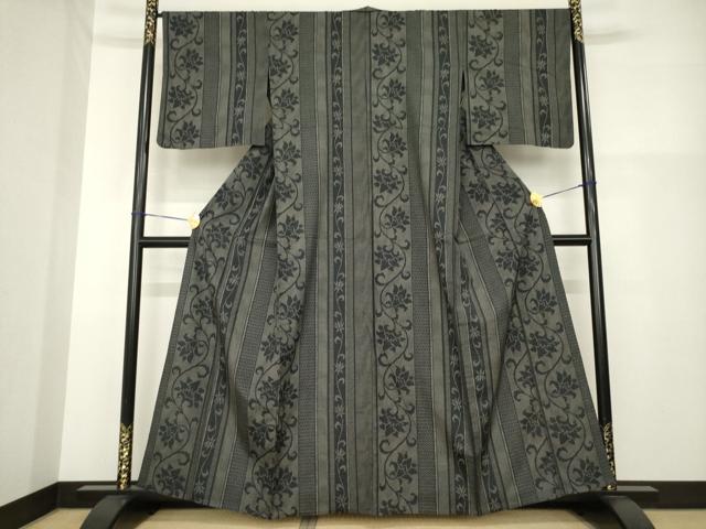 平和屋着物▽本場大島紬 単衣 花唐草間道 黒地 正絹 逸品 AABG9617ck