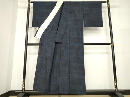 平和屋着物▽結城紬 単衣 幾何学花文 正絹 逸品 AABG9620ck
