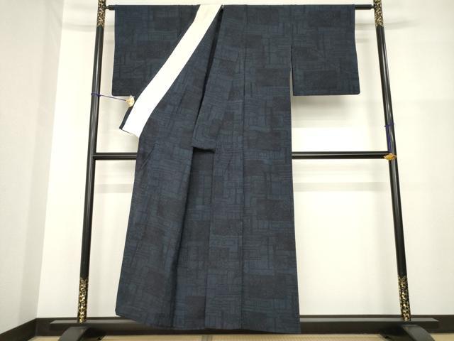 平和屋着物▽結城紬 単衣 幾何学花文 正絹 逸品 AABG9620ck