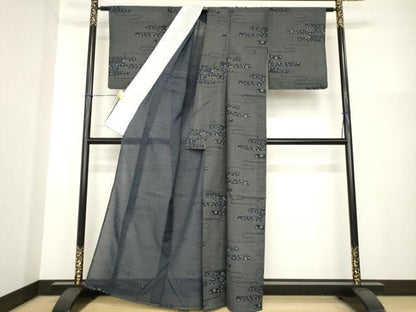 平和屋着物＊夏物 小紋 エ霞取花文 黒地 洗える着物 AABG9636ck