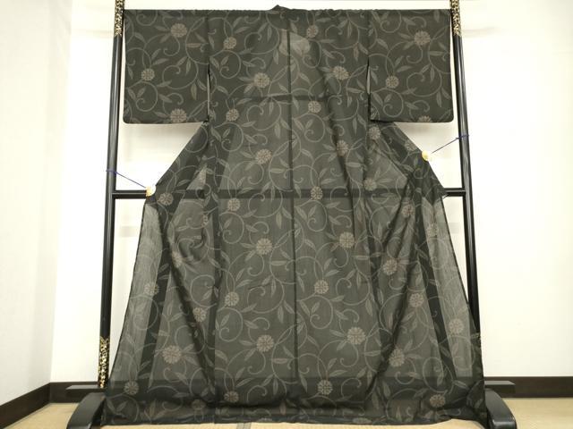 平和屋着物＊夏物 小紋 花唐草文 黒地 ロング丈 洗える着物 AABG9637ck