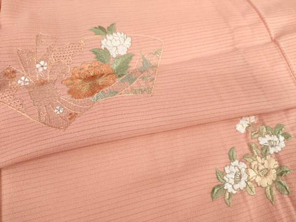 平和屋着物＊夏物 訪問着 絽 刺繍 地紙花文 金糸 洗える着物 AABG9638ck