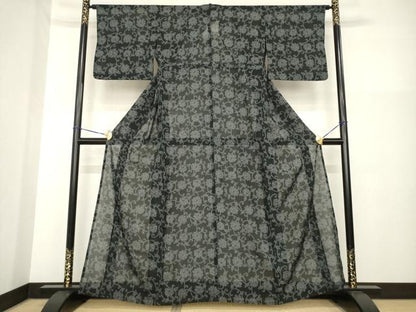 平和屋着物＊夏物 小紋 花唐草文 黒地 洗える着物 AABG9649ck