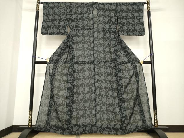 平和屋着物＊夏物 小紋 花唐草文 黒地 洗える着物 AABG9649ck