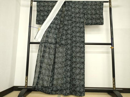 平和屋着物＊夏物 小紋 花唐草文 黒地 洗える着物 AABG9649ck