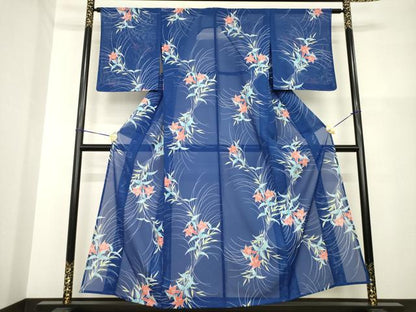 平和屋着物＊夏物 小紋 絽 草花文 洗える着物 AABG9668ck