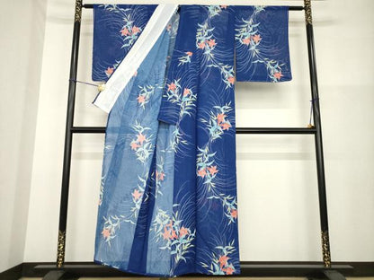 平和屋着物＊夏物 小紋 絽 草花文 洗える着物 AABG9668ck