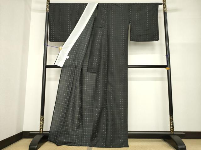 平和屋着物＊夏物 小紋 格子 黒地 洗える着物 AABG9672ck