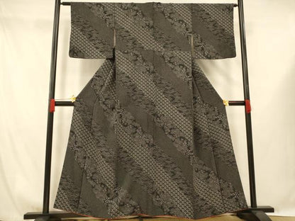 平和屋着物■上質な小紋 斜縞草花文 黒地 正絹 逸品 AABG9687fw