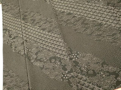 平和屋着物■上質な小紋 斜縞草花文 黒地 正絹 逸品 AABG9687fw