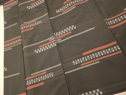 平和屋着物■上質な紬　横段格子文　黒地　正絹　逸品　AABG9723fw