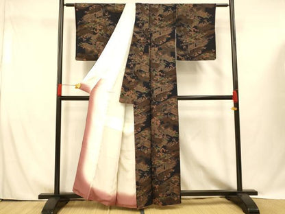 平和屋着物■上質な小紋 人物風景文 黒地 金彩 鬼しぼ縮緬 正絹 逸品 AABG9759fw