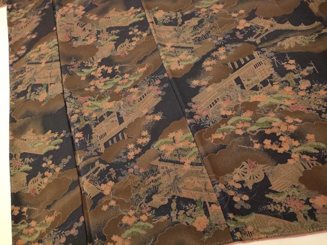 平和屋着物■上質な小紋 人物風景文 黒地 金彩 鬼しぼ縮緬 正絹 逸品 AABG9759fw